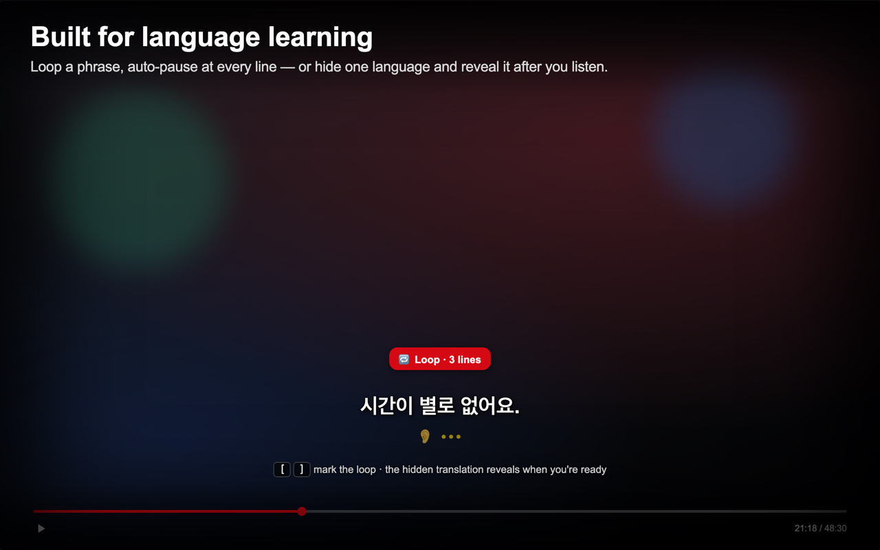 Learning-mode controls for hiding and revealing subtitles