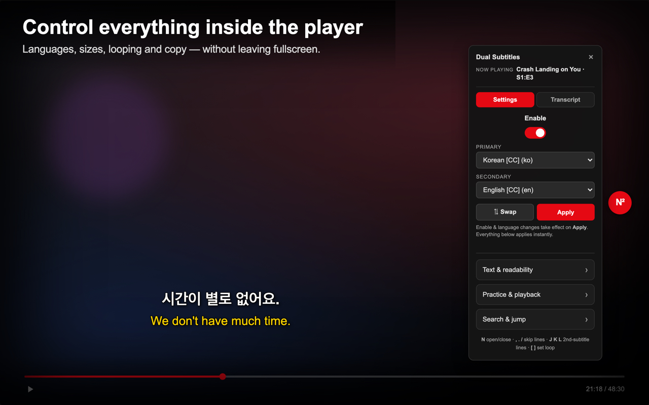 In-player control panel inside Netflix