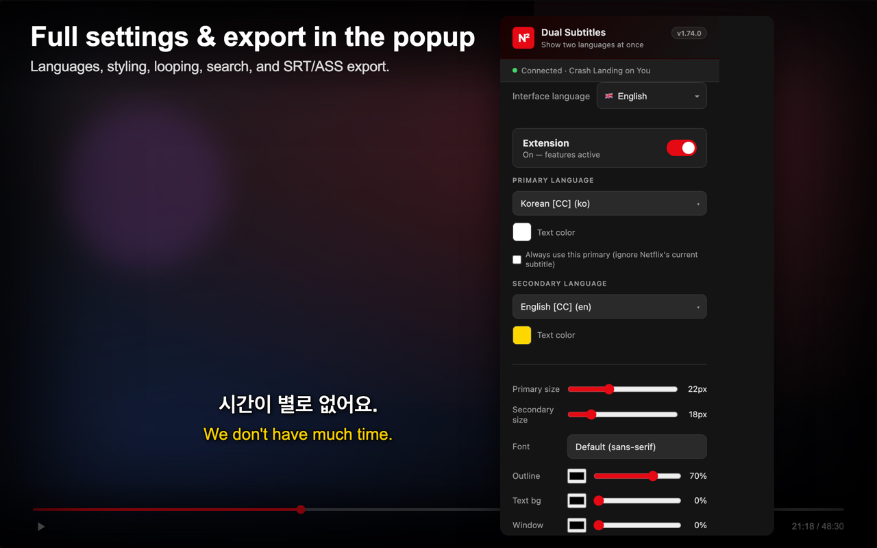 Toolbar popup with export and appearance options